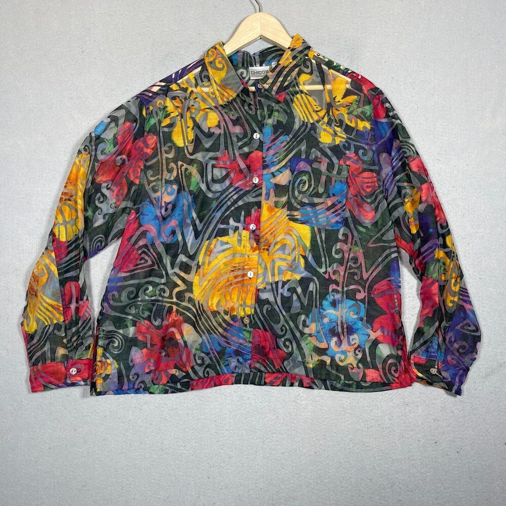 Chicos Button Down Shirt Women Size 2 Abstract Burnout Summer Artsy Art To Wear‎
